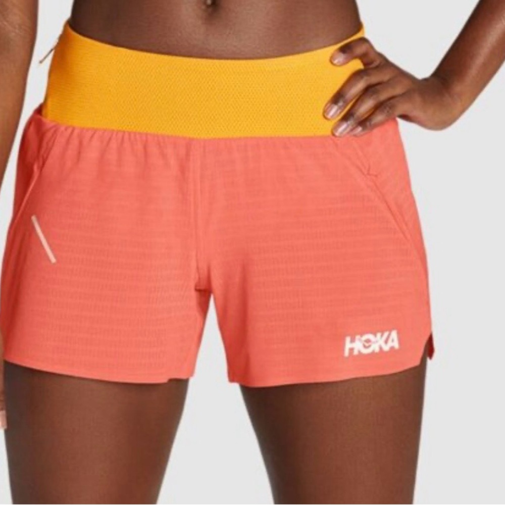 Hoka One One Coral Athletic Shorts with Yellow Waistband